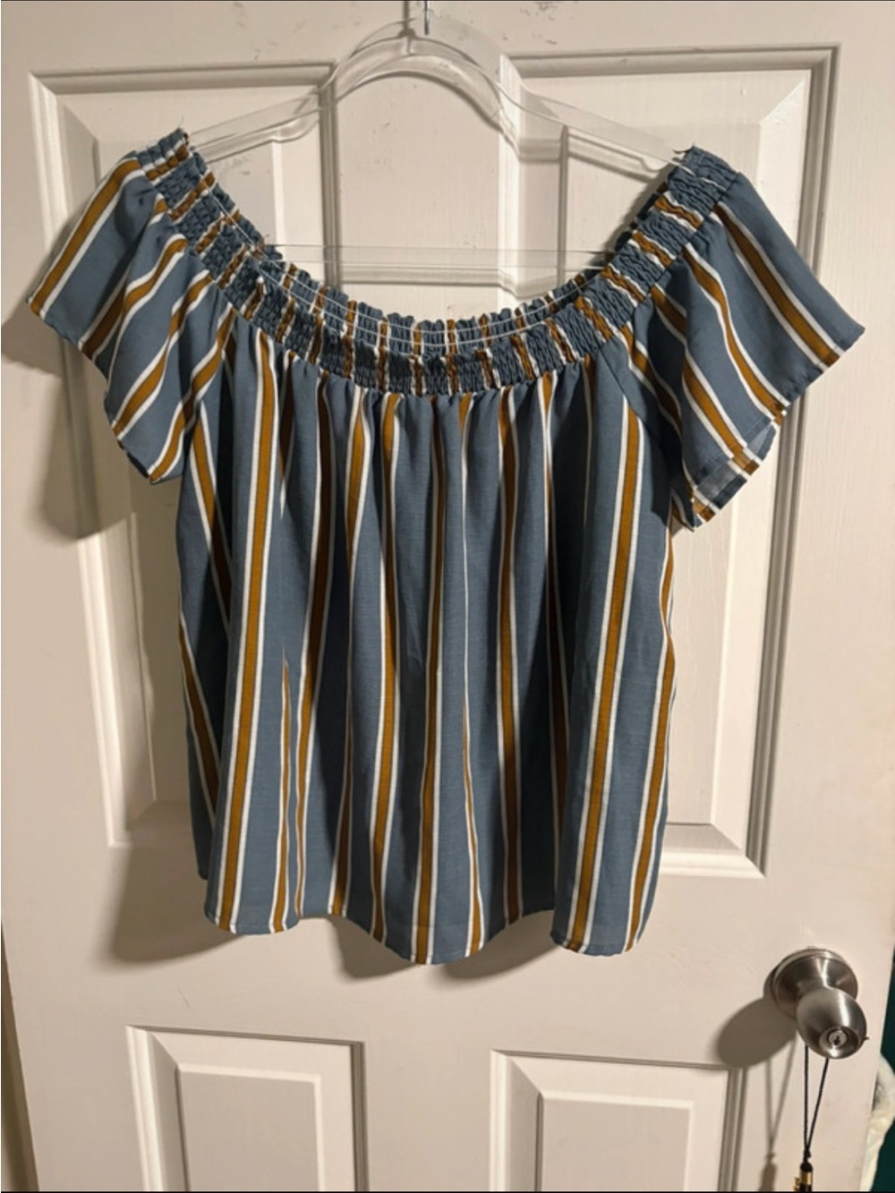 Rhapsody Blue and Mustard Striped Off-Shoulder Top